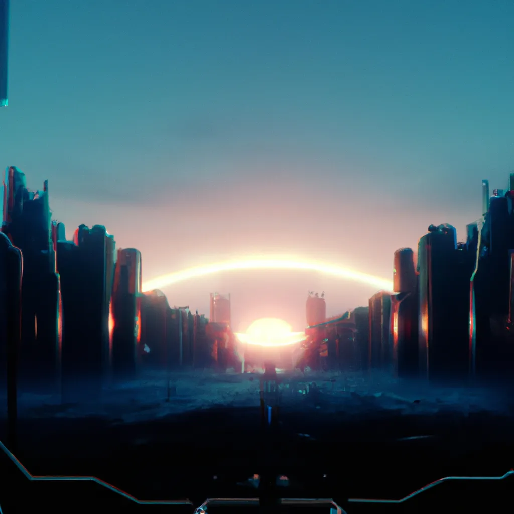 Prompt: Symmetry,Skyline view by Kyle Jeffers,Abandoned Dystopian Apocalyptic futuristic sci-fi wasteland,synthwave sunset, digital art, award winning,4K,3D octane render, photorealistic,