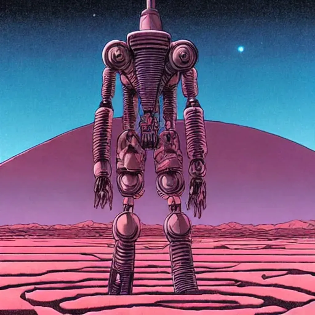 Prompt: Man with long dark hair standing in alien dessert next to destroyed robot, by Makoto Kobayashi, by Moebius, by Jean Giraud, manga, anime style, 80's, Intricate, Hand drawn, concept art, grainy color, dim lighting, Anime Key Visual, beautiful composition