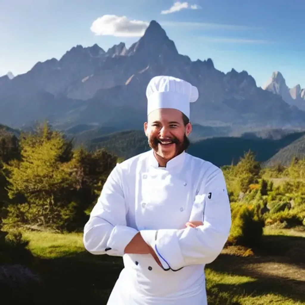 Prompt: A happy cartoon man in a chef hat with his arms crossed, mountains in background 