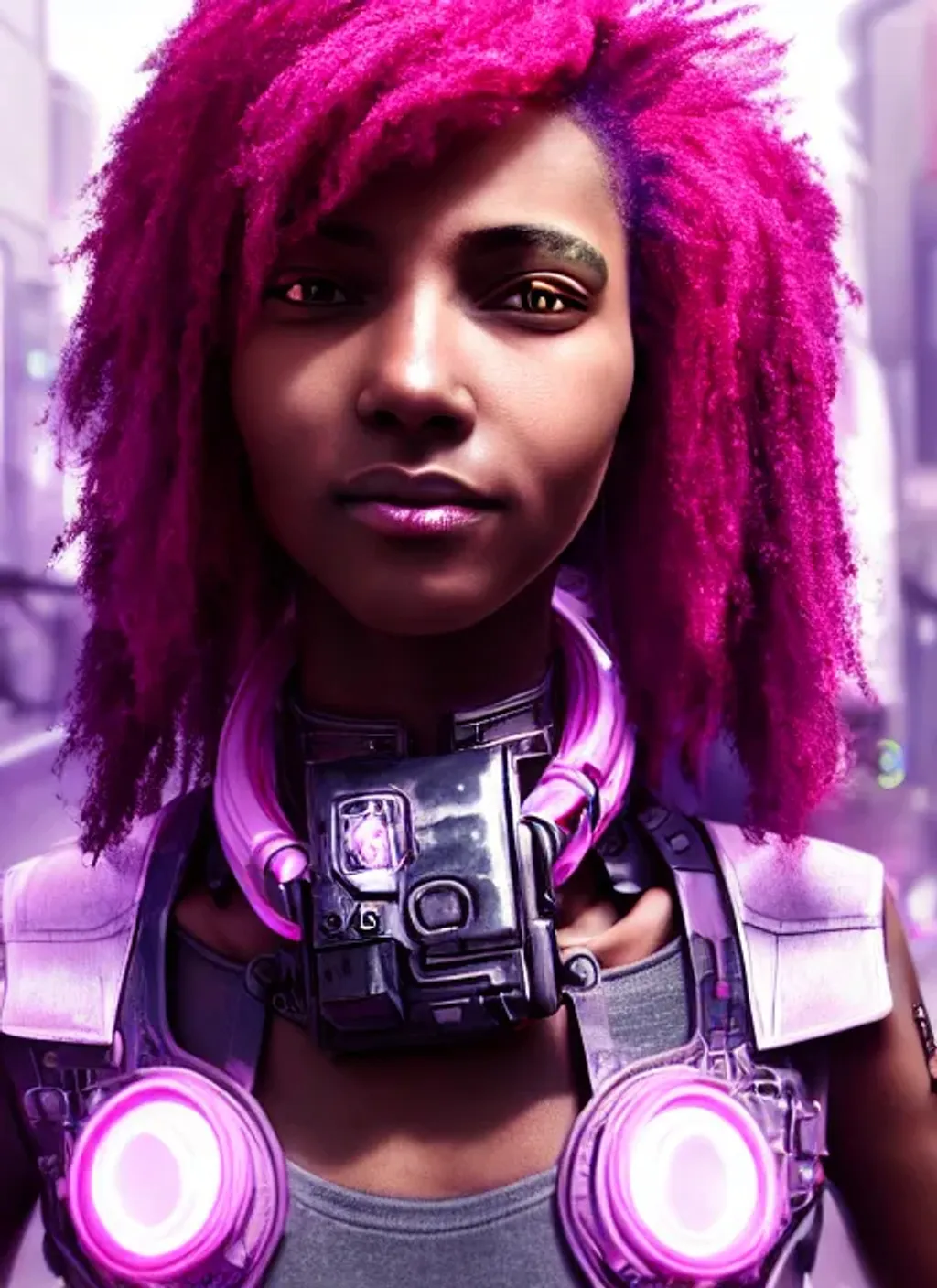 Prompt: Extremely detailed portrait of beautiful cyberpunk young black mercenary girl with pink hair with happy face, extremely detailed background cyberpunk street, hyperrealistic , 8k, high quality, concept art, trending on artstation, sharp focus, studio photo, intricate details, hyper detailed