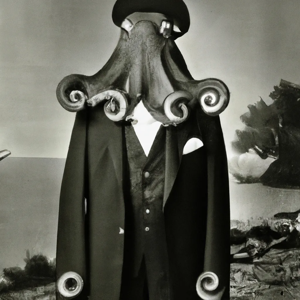 Prompt: a vintage photograph of Cthulhu with a suit, 1890