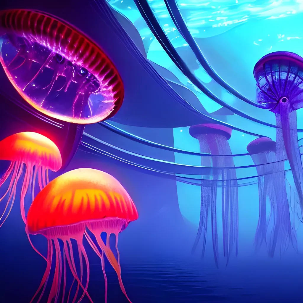 Prompt: photo of underwater scifi city with glowing jellyfish, photorealistic, detaled, wide angle, clear water, dark scenery