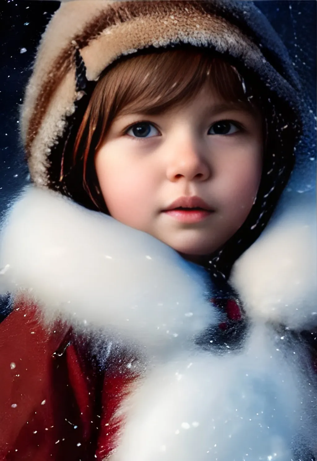 Prompt: Portrait of child with brown hair and with cute face, north pole snowy vibe , perfect composition, hyperrealistic, super detailed, 8k, high quality, trending art, trending on artstation, sharp focus, studio photo, intricate details, highly detailed, by greg rutkowski