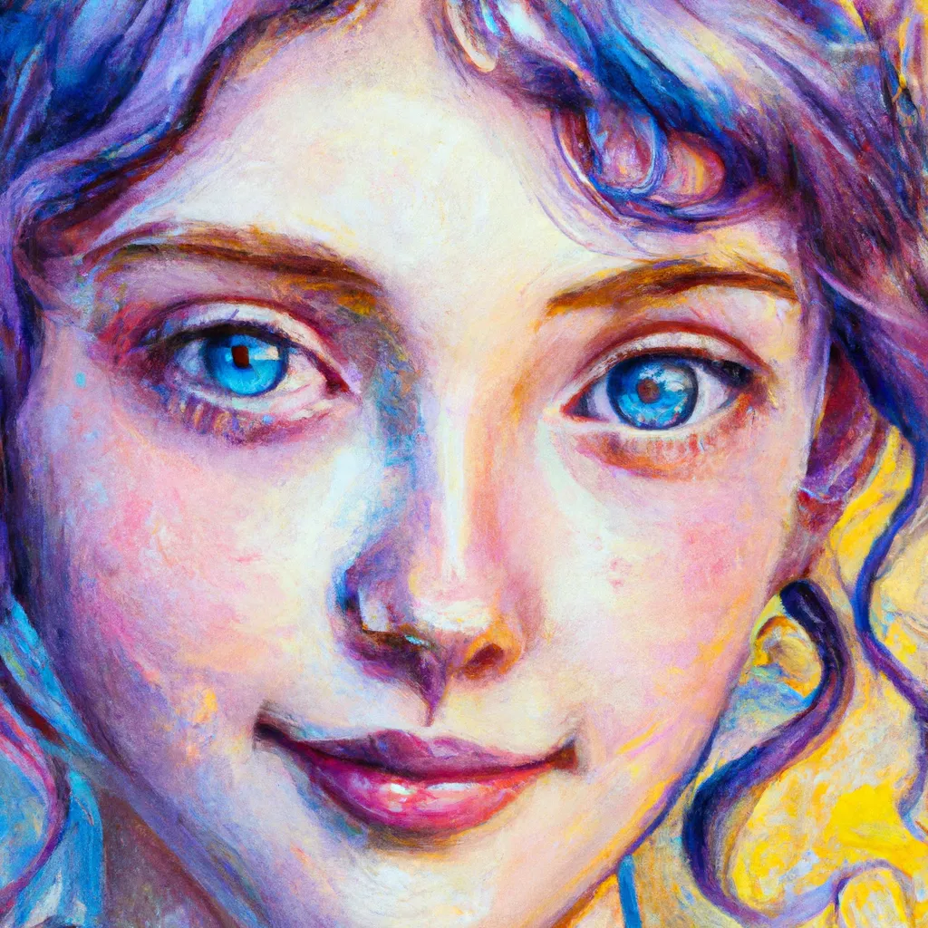 Prompt: Tessa Violet portrair women eyes blue by Anna Dittmann.  Incredibly detailed, maximalist matte painting. Portrait of a Goddess. Colorful, bright, hues of yellow, violet, light blue. 8K resolution, HD, DSLR, polished, realistic oil painting