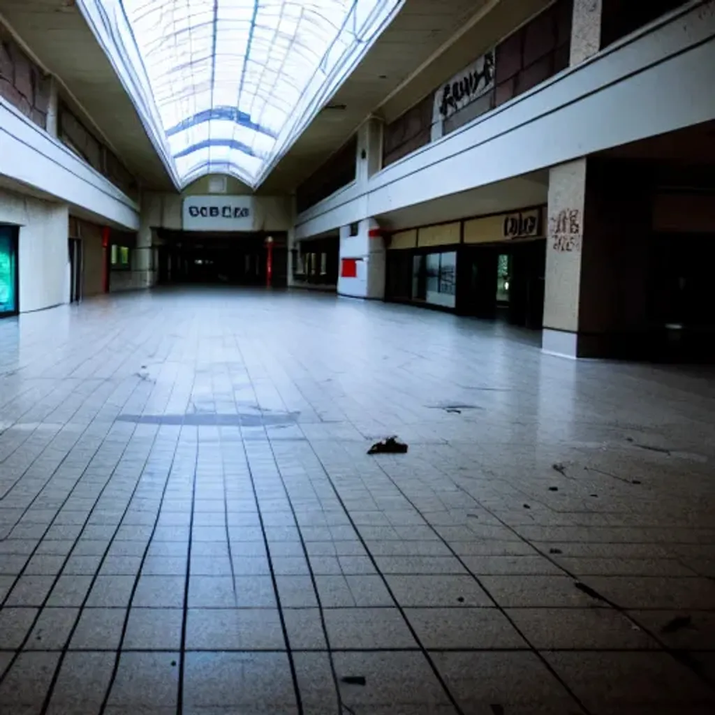 Prompt: liminal empty abandoned mall at night, abandoned stores, messy floor with garbage, dark halls
