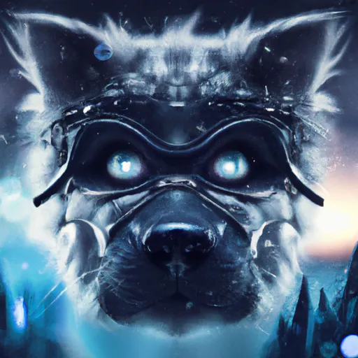 Prompt: Face of a dog wearing a cat mask in a cyberspace virtual landscape. Bokeh, matte painting. Elegant detailed digital art By Gil Elvgren and Tim Burton 
