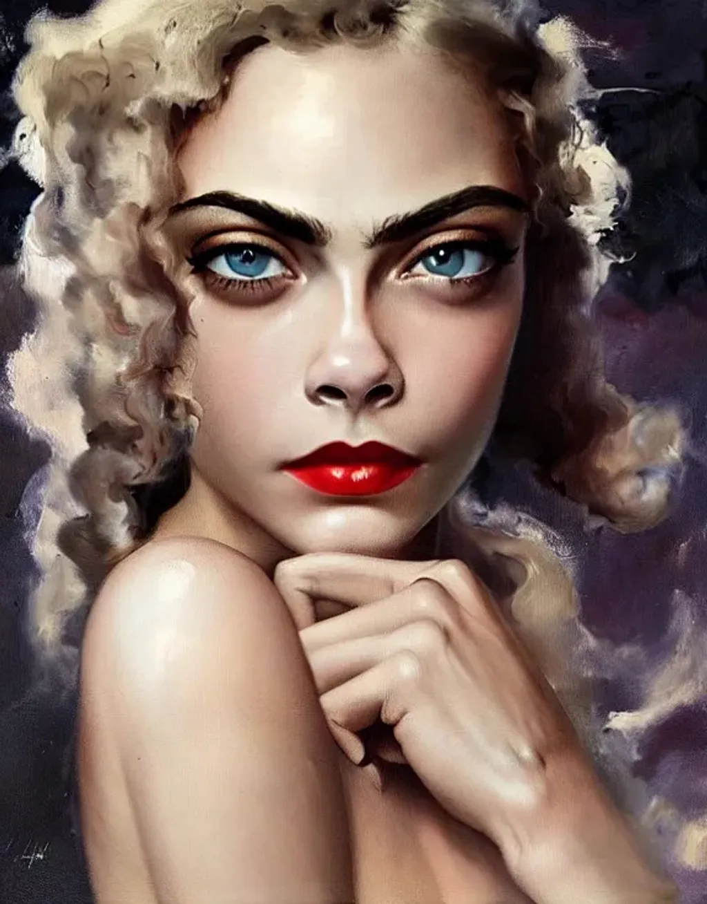 Prompt: oil painting by Frank Frazetta of a beautiful Cara Delevingne in the 1930's with a beautiful and otherworldly feel, artgerm, award-winning cgi, photorealistic, fantastic fantasy imagery, parallax Studios 