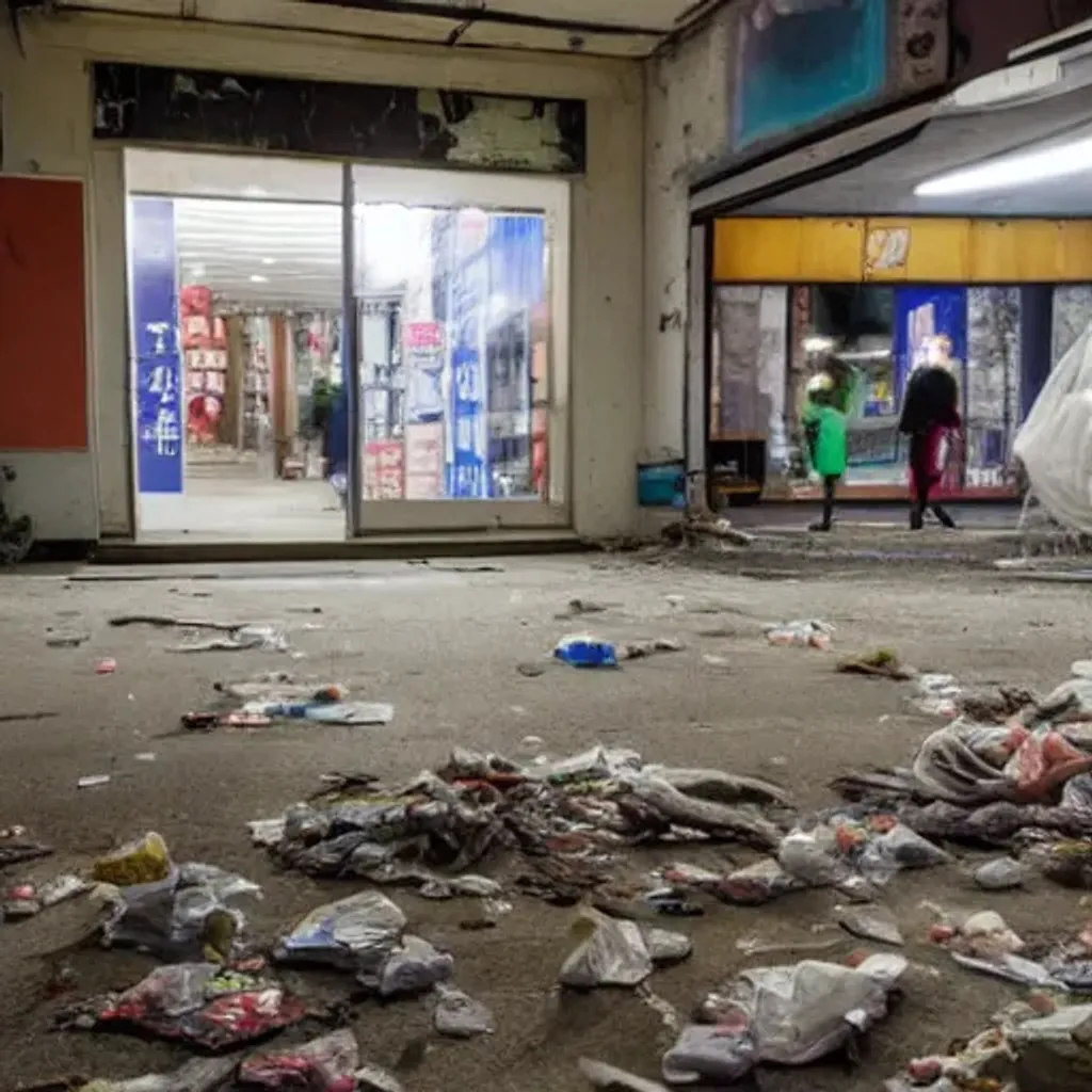 Prompt: abandoned store in south korea with people walking by, at night, garbage on floor, liminal space