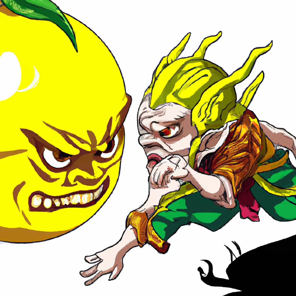 Prompt: Samurai Oni male Lemon Head with cel shading attacking giant lemon monster.

