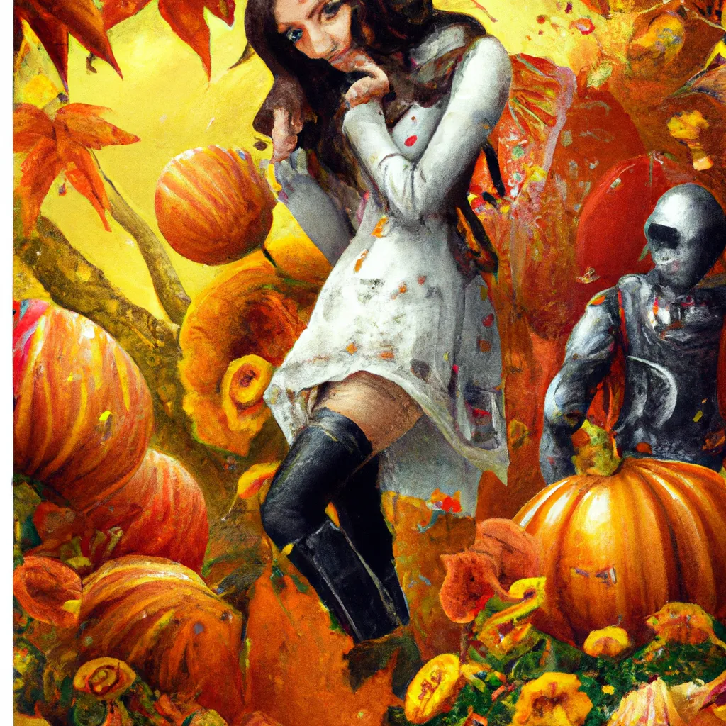 Prompt: Detailed hyper realistic ultra realistic sharp clear digital airbrush by Anna Dittmann, preston blair, Tom Bagshaw, eyvind earle, tim Burton, Gil Elvgren. Movie still poster of A Scary Haunted Horror spooky ghost woman in a autumn landscape. Desire love ghosts friendship blessings femininity strength healing ecology pumpkins lillies magic steampunk  robots. Playing Hide and seek.