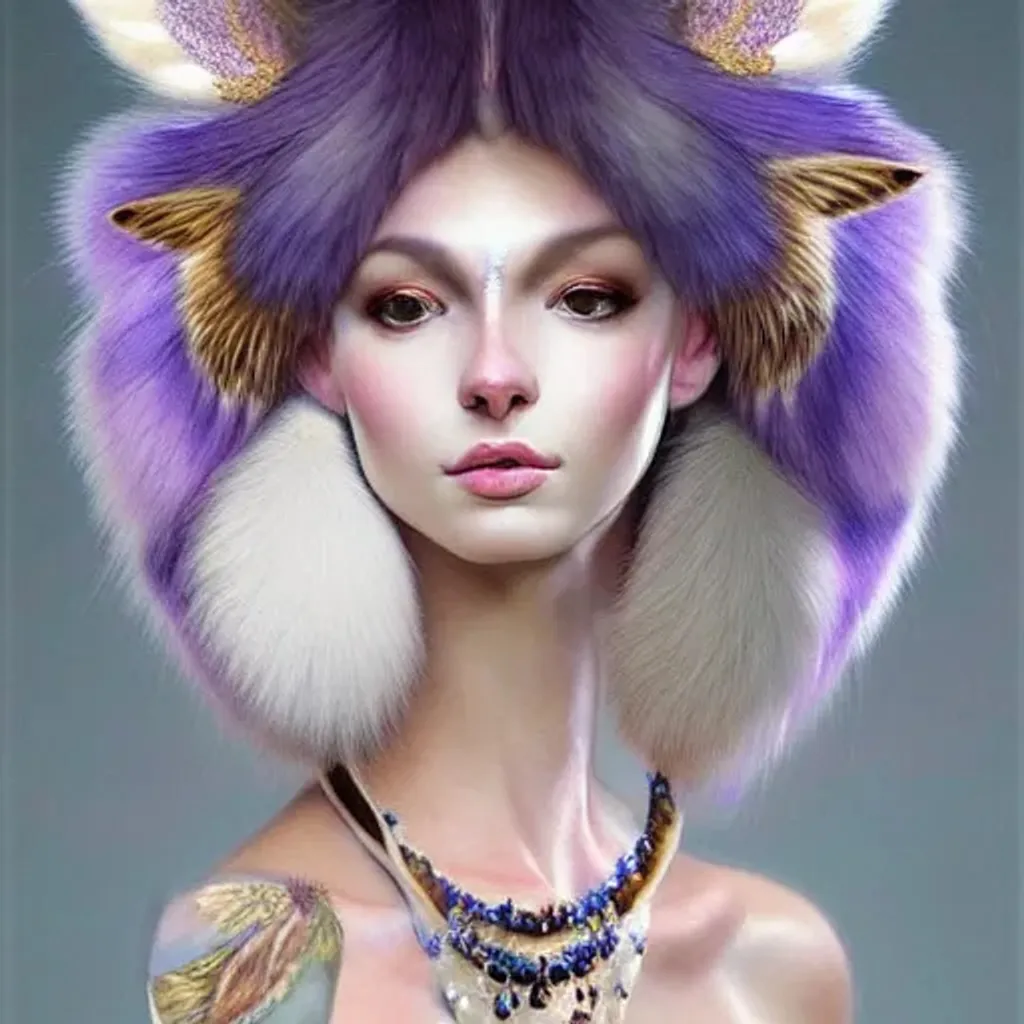 Prompt: a bejewelled felinoid fursona with soft downy facial fur, blue, lavender, mauve, cream, brown eyes, white and cream striped fine, whispy body fur, calico-Influence, white luminescent biomorphic glistening wings, in the style of Mandy Jurgens, Amanda Sage, in flower garden in the style of Fragonard, darkness, glowing magical flowers, moonlight, low volumetric glowing fog, background theme glowing stars, epic, painted, fantasy, beautiful rich deep colors, dynamic lighting volumetric lighting , occlusion, 128K UHD Unreal Engine 5
