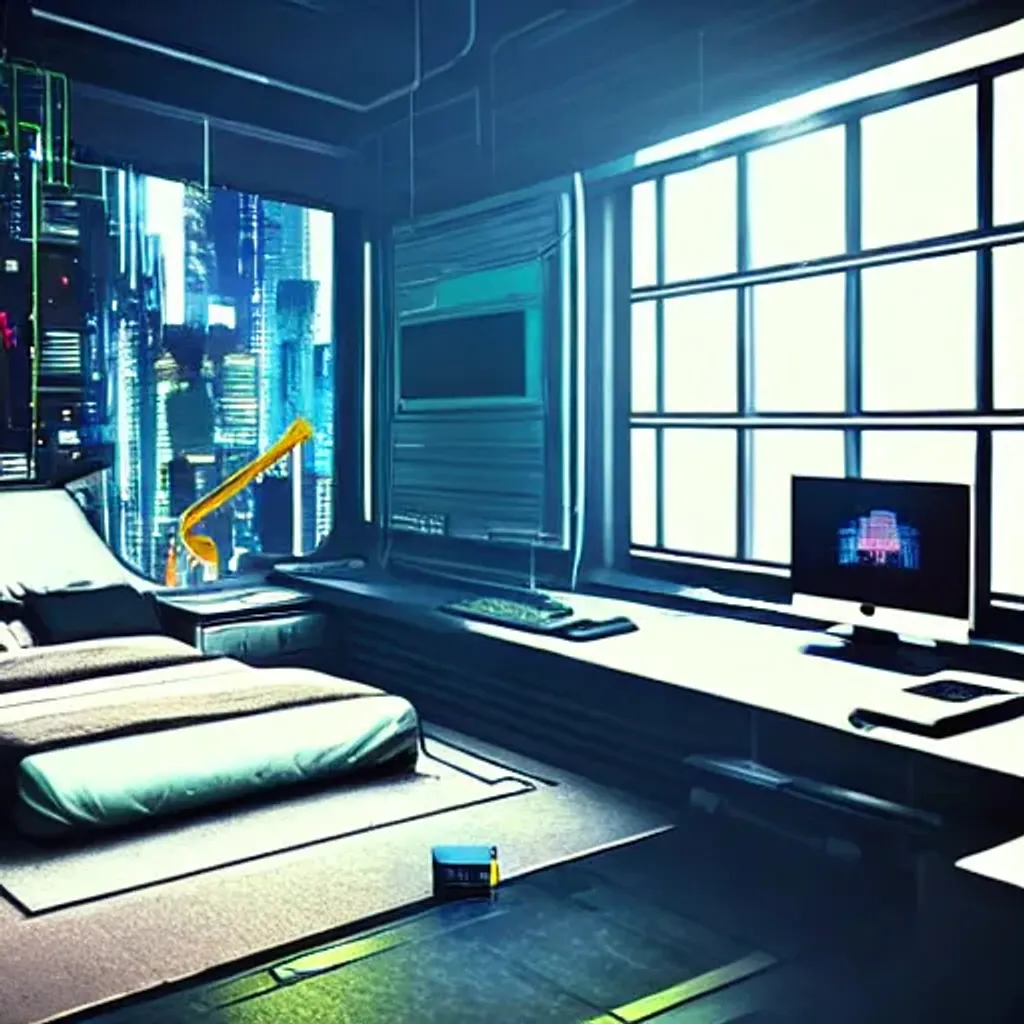 Prompt: cyberpunk room, messy bed, computer in corner, city outside