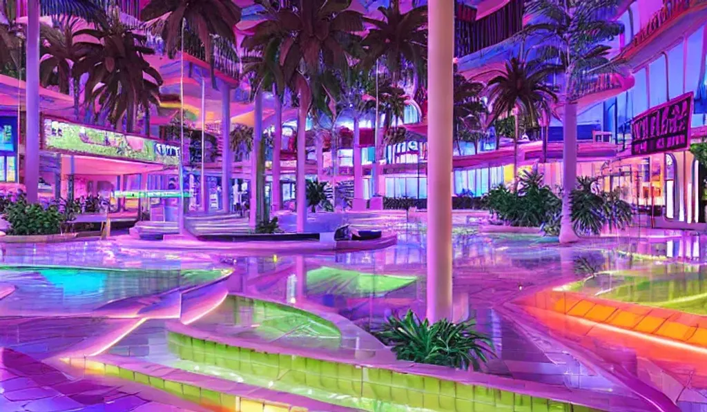 Prompt: multi story vaporwave aesthetic indoor liminal 90s mall with lazy river, columns, checkered floor tiles, palm trees, neon lights, Wide angle shot, 4k octane render, Fuji film, intricate detail, photoreal, cinematic, sublime atmosphere, at night time, colored lighting