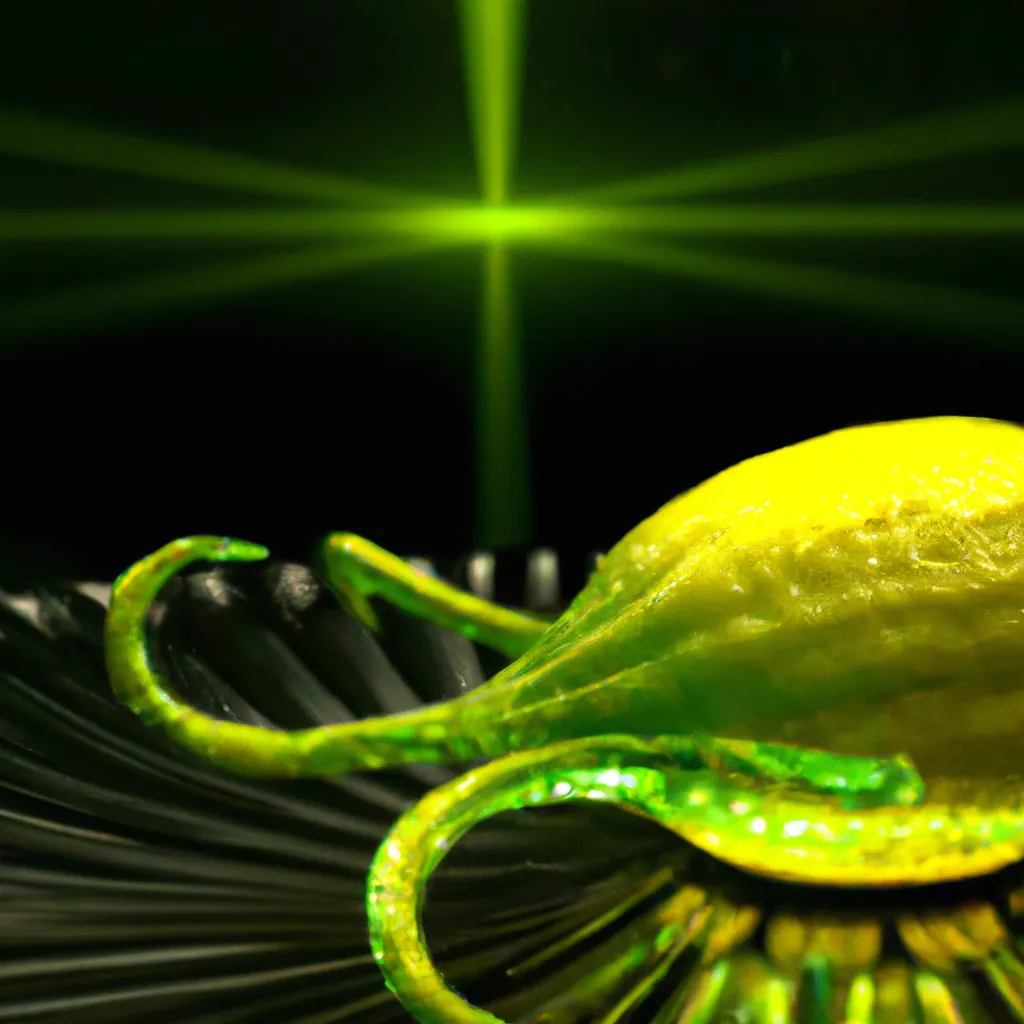 Prompt: A spectacular 3D render of a cybergenetical, hellish, Cthulhu, Fabergé radioactive lemon, that shots a futuristic laser, at an extraterrestrial starship vessel. Suspicious rays of light, skeumorphism, ultra high quality, unreal engine, super realism, shot on Nikon 80 mm, H.R. Giger, John Atkinson Grimshaw, M.C. Esher, Artstation.

