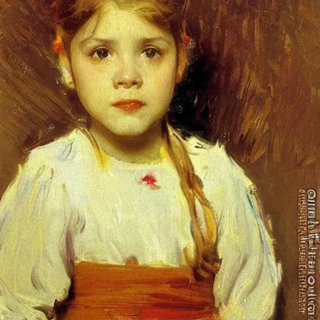 Prompt: A small girl with flowers Ilya Repin, John Singer Sargent style, highly detailed, brush strokes