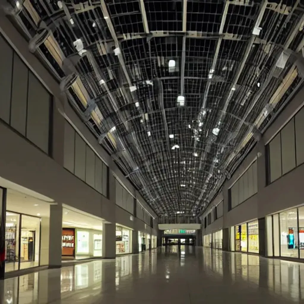 Prompt: liminal empty modern mall at night, with creepy people