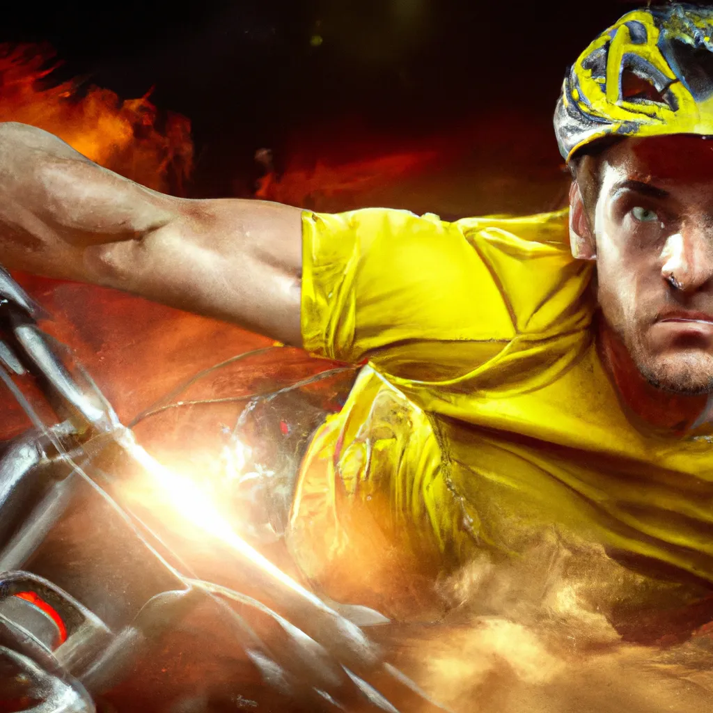 Prompt: daredevil mountain bike cyclist wearing a bike helmet, yellow jersey, mid-air jump, handsome rugged man, auburn hair, early 30's, dark brown eyes, breathtaking, slender muscular man, detailed eyes and facial features, artgerm, low angle shot, digital painting, masculine, manly, fantasy atmosphere, great composition, vivid cinematic lighting, cinematic shot, extremely cinematic, detail, realistic