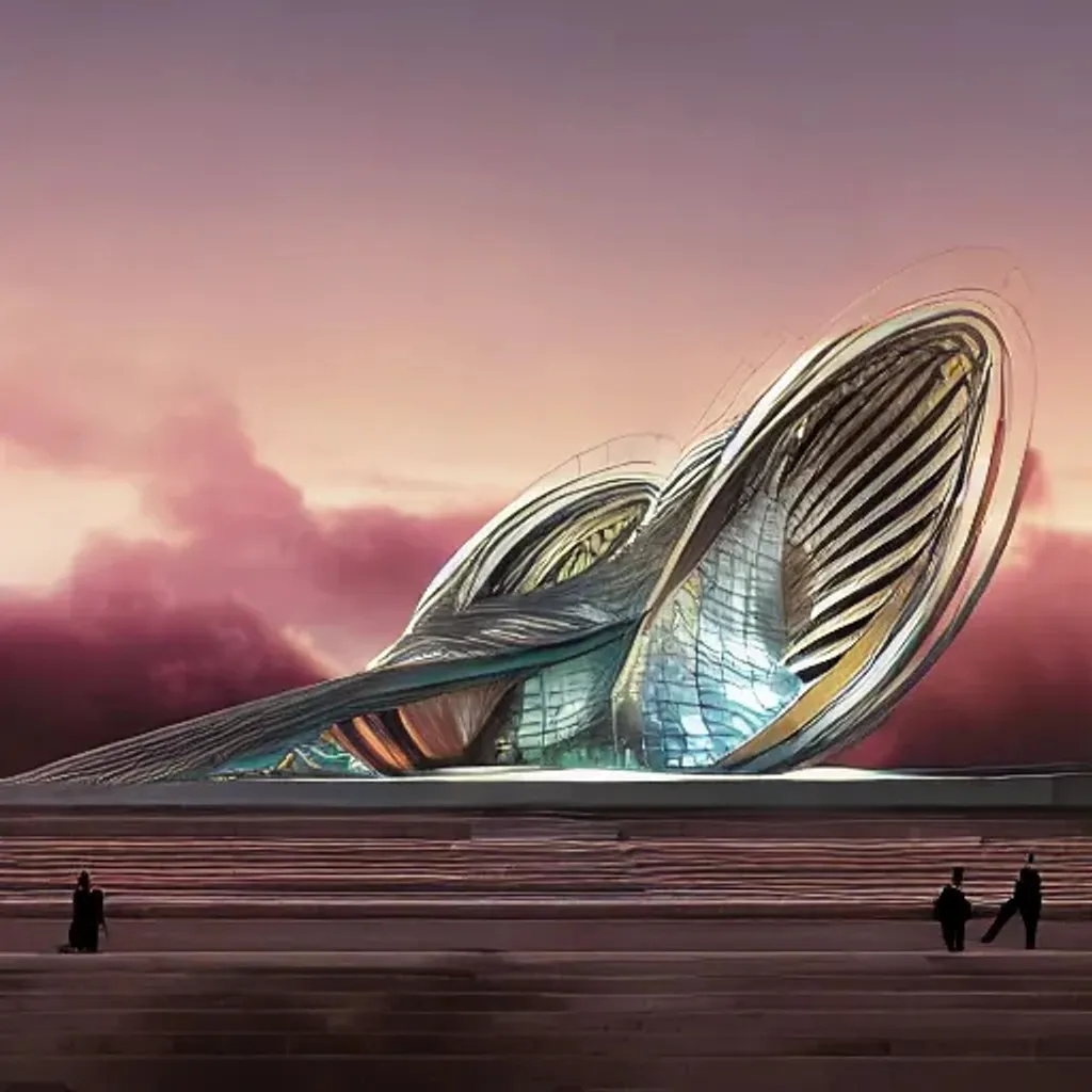 Prompt: exterior shot of utopian architecture building with cinematic lighting by zaha hadid and renzo piano, darek zabrocki and greg ruthkowski, alphonse mucha, simon stalenhag, cinematic, beautiful, holy place, paradise, scifi, futurism, atmospheric, sunset, award winning, concept art, artstation, trending on artstation