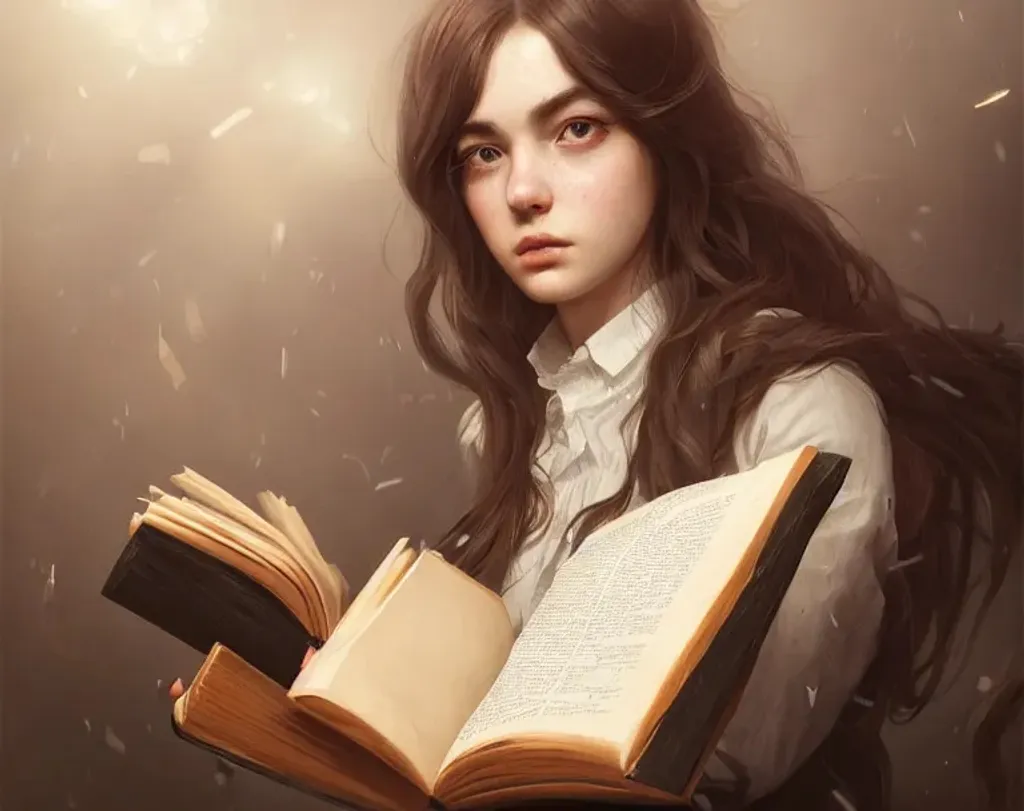 Prompt: Hyperrealistic Character Portrait of smart book loving college girl,  digital art, trending on artstation, sharp focus, studio photo, intricate details, highly detailed, by greg rutkowski, serious