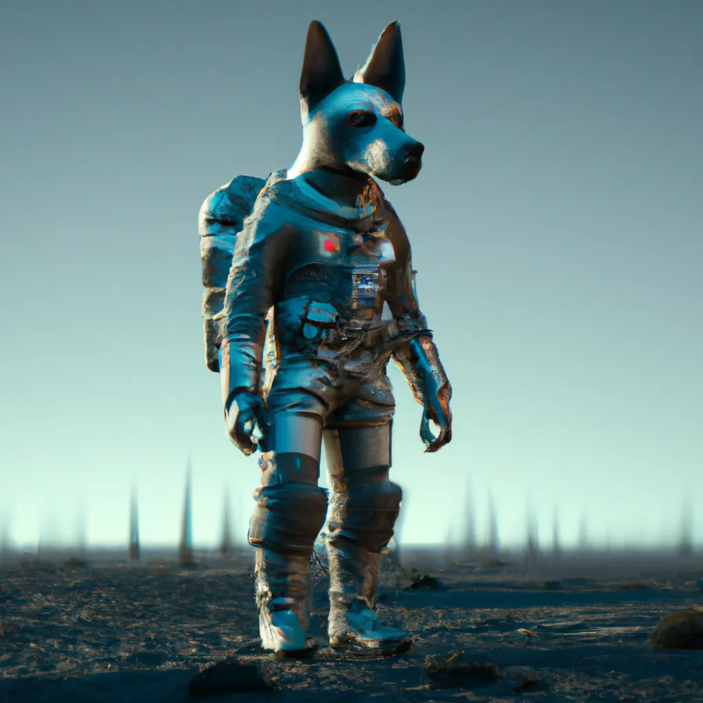 Prompt: a dog in a space suit standing in a space, concept art by Mike Winkelmann, trending on zbrush central, space art, unreal engine 5, artstation hd, rendered in cinema4d