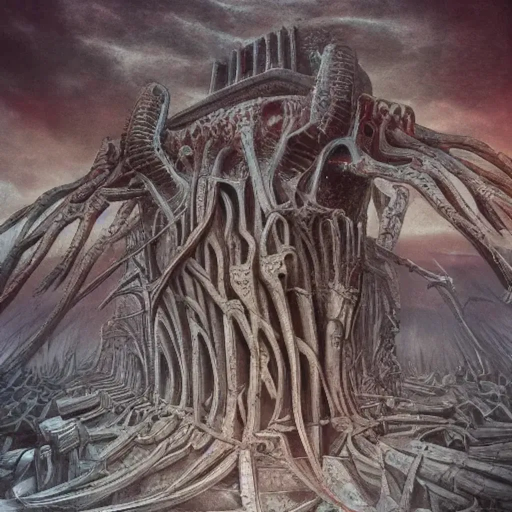 Prompt: a citadel made of flesh, blood colors,  highly detailed, surreal, in the style of H.R. Giger
