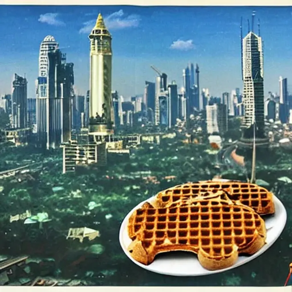 Prompt: belgian waffle in bangkok skyline, sci fi scene by chesley bonestell