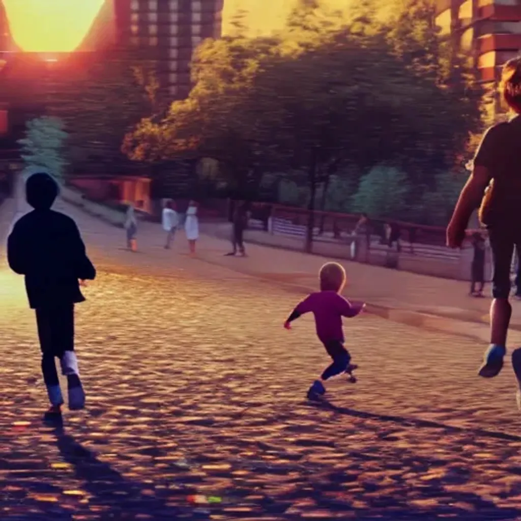 Prompt: Two boys running, sunset, path to a park, crowd watching them, very complex overdetailed hyper-realistic art, digital art, in the style of Spy x Family, 8k