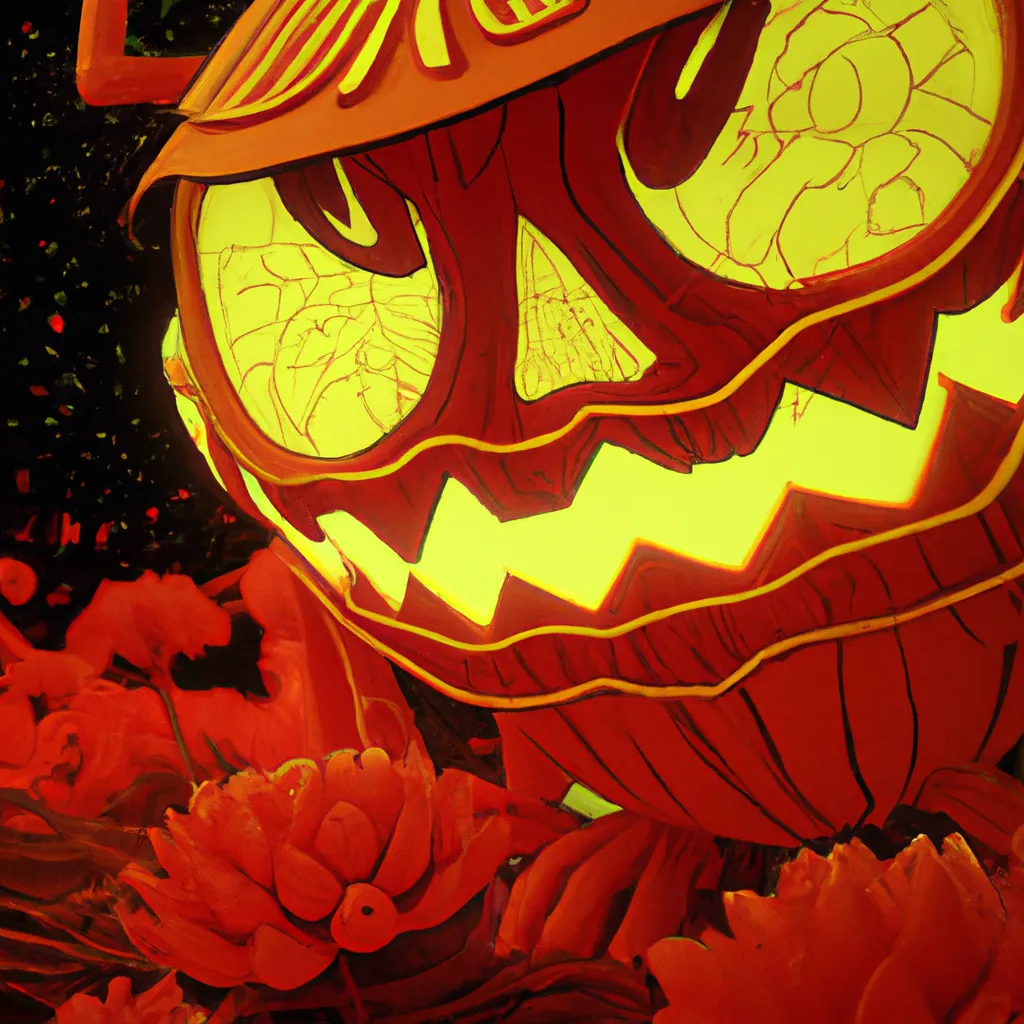 Prompt: Cinematic movie still masterpiece,Ukiyo-e comic book styled vintage risograph of a lit Dia de Los muertos Jack-o'-lantern 
wearing a witch hat,red spider lilies bloomin,bubbles,eclipse,4K,moody,award winning, trending on art station,goofy funny spooky scary mysterious halloween horror vibe, intricate details,digital art,incredible design,emotive,unreal engine 5 render,octane render,highest quality, highest resolution 