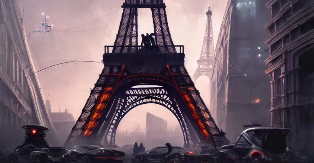 Prompt: Paris Eiffel tower landscape, cyberpunk, dystopian,  detailed humans and robots, detailed cars, perfect composition, hyper realistic, super detailed,  high quality, trending art, trending on art station, sharp focus, studio photo, intricate details, highly detailed, by Greg Rutkowski, 8k