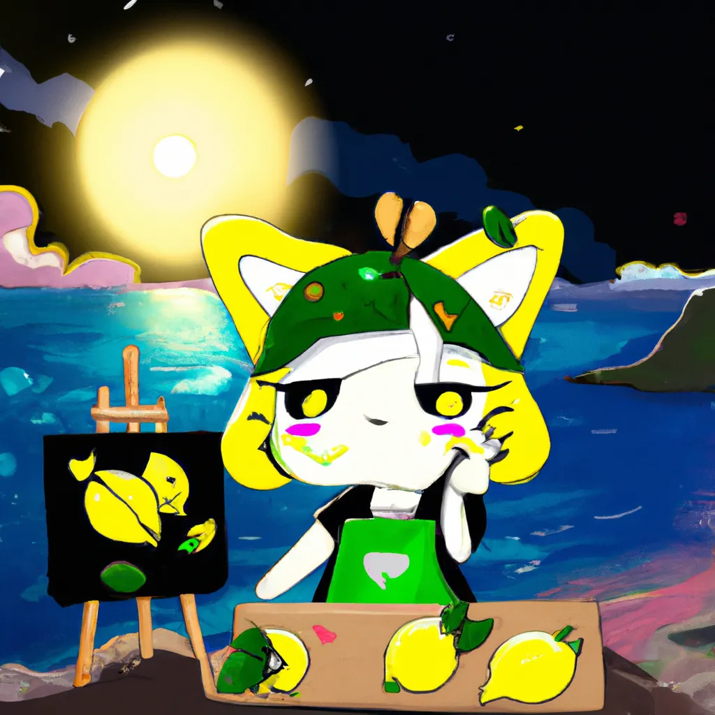 Prompt: Cute Hatsune Miku  lemon with cat ear with kawaii face wearing a love lemon shirt with lemon berets is painting  me on a painting board on the beach at night  