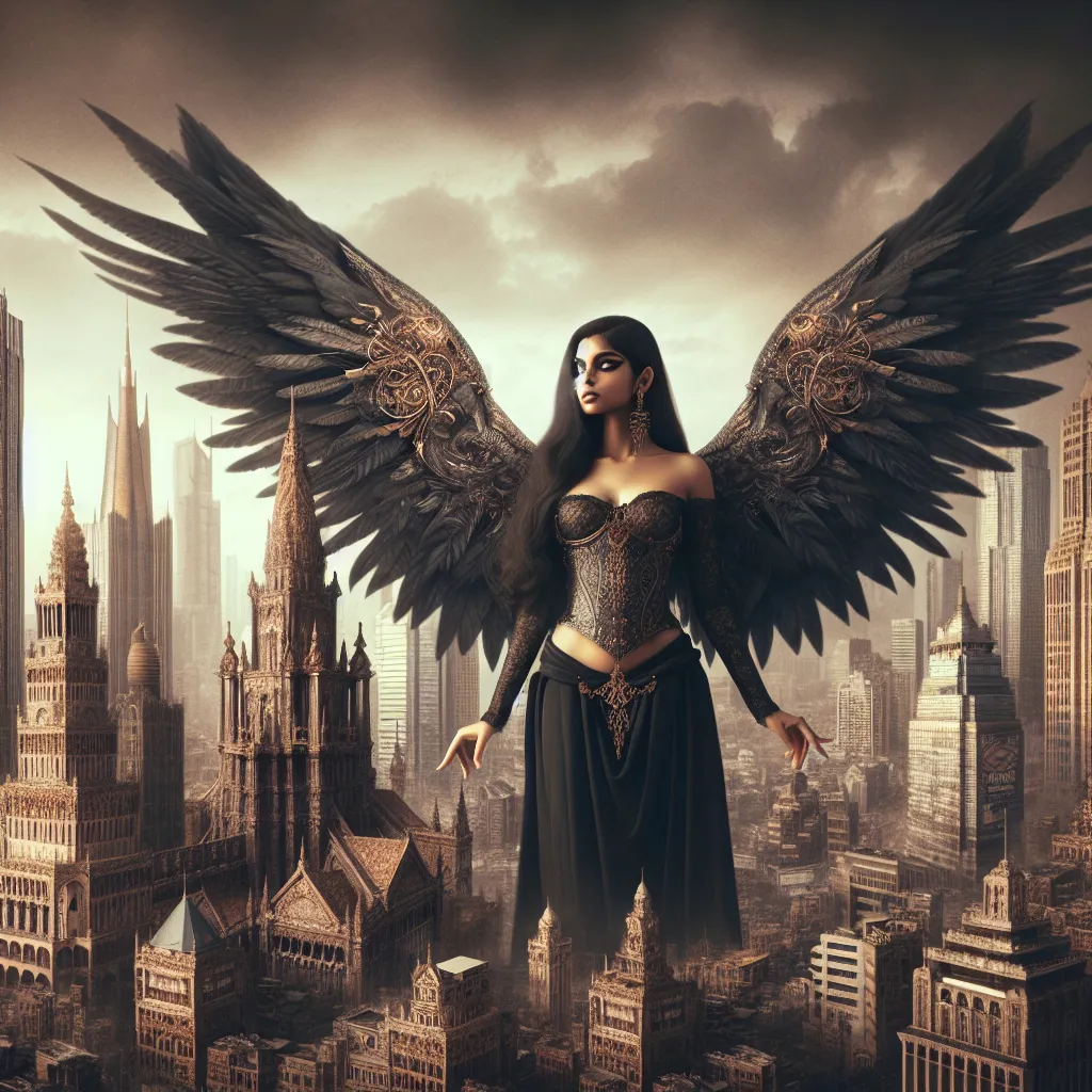 Prompt: a woman with large black wings standing in a city with skyscrapers and buildings in the background, with a city skyline in the background, Anne Stokes, gothic art, dark fantasy art, a detailed matte painting