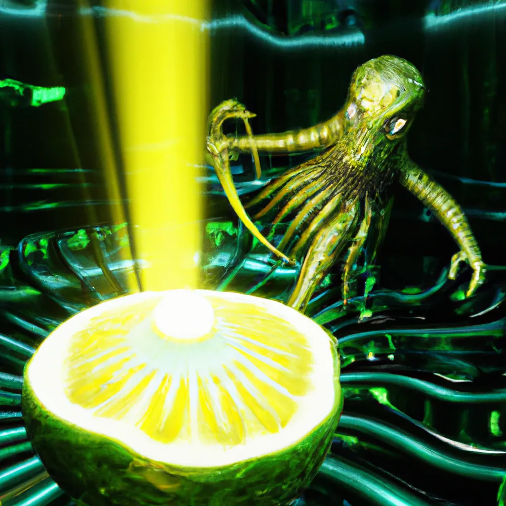 Prompt: A spectacular 3D render of a humanoid Cthulhu, Fabergé, radioactive lemon, that shots a futuristic laser, at an hostile alien army. Dramatical rays of light, skeumorphism, ultra high quality, unreal engine, super realism, shot on Nikon 80 mm, H.R. Giger, John Atkinson Grimshaw, M.C. Esher, Artstation.

