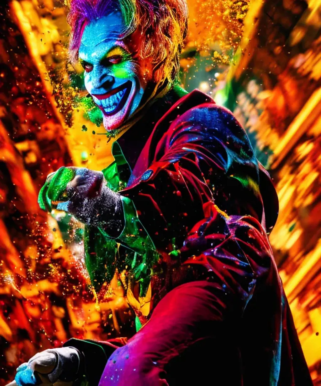 Prompt: vivid dripping colors Joker, Jered Leto vivid color street level action scene low angle masterpiece, cinematic, dramatic, Artstation, by Frank Frazetta, by H.R. Giger, by Mark Brooks, Octane render, Unreal Engine, by Wētā FX, by WLOP, Filmic, Photography, Photoshoot, Ultra-Wide Angle, Depth of Field, DOF, F/2.8, 5-Dimensional, Everdimensional, Alldimensional, 8K, 32k, Megapixel, CMYK, Adobe RGB, HSV, ProPhoto RGB, Rim Lights, Marquee, Stroboscope, OLED, AMOLED, Quantum Dot Display, Global Illumination, Ray Tracing Global Illumination, Ambient Occlusion, Translucidluminescence, Shadows, Chromatic, Prismatic, Lumen Reflections, Parallax, Quantization, Edge Detection, Textured, Convolution Matrix, Harris Shutter, FXAA, Post Processing, SFX, insanely detailed and intricate, hypermaximalist, elegant, ornate, hyper realistic, super detailed, poster, sharp focus, hyperrealism, insanely detailed, lush detail, filigree, intricate, crystalline, perfectionism, max detail, 4k uhd, spirals, tendrils, ornate, HQ, hard edge, breathtaking, mdjrny-v4 style, highly detailed, tarot card, symmetry, character design, professional