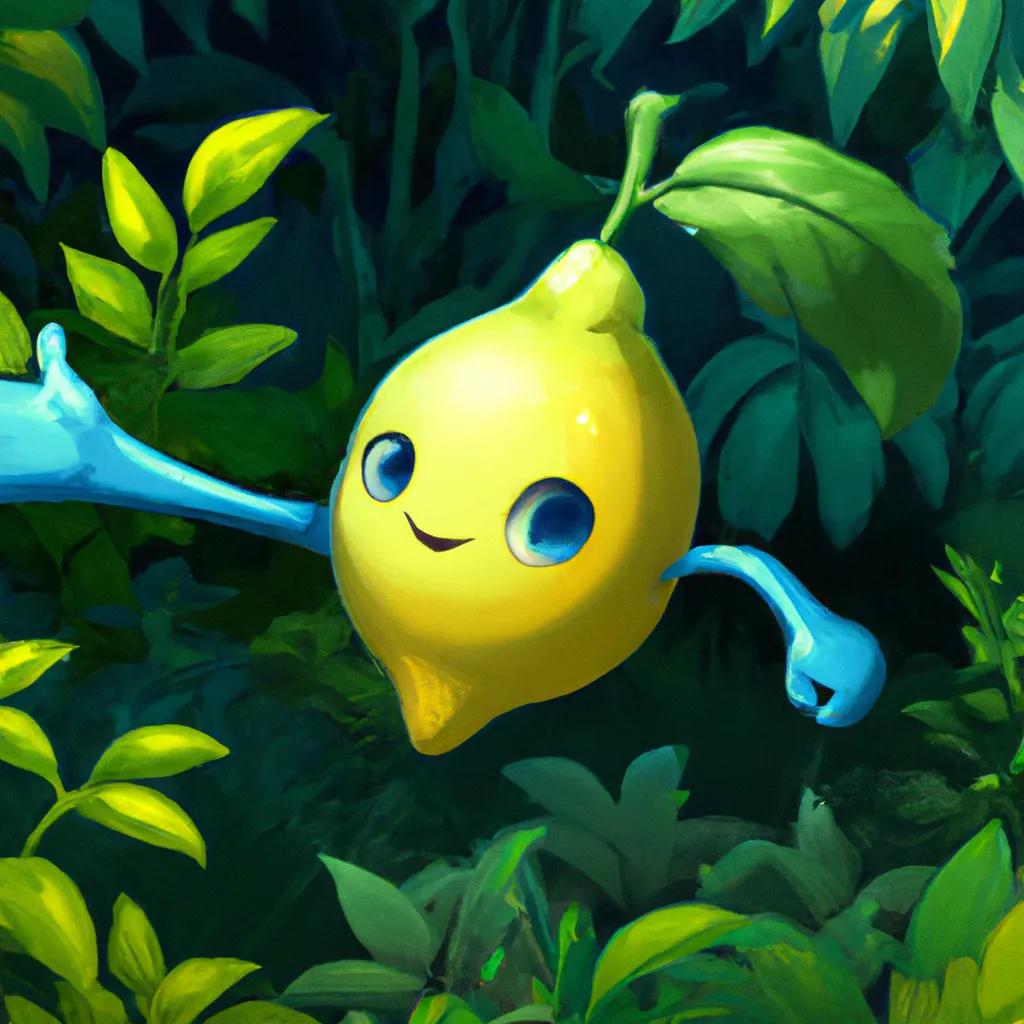 Prompt: Key Disney Visual of an enthusiastic lemon waving at you,  green and dark blue colour palette; Digital art, trending on artstation, Photorealistic Illustration, anime key visual, cinematic, Ultra Detailed , pixelated art , Screenshot from x ( Humble bundle games The Garden Story)