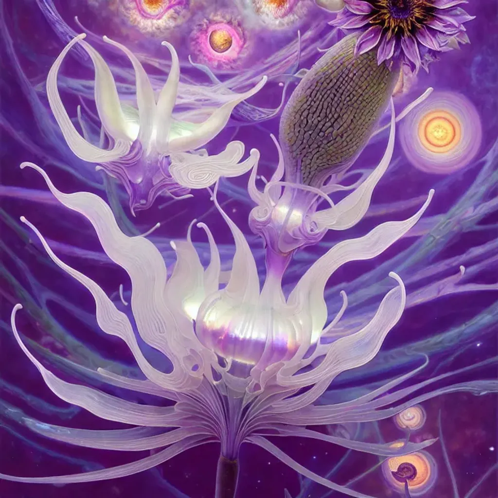 Prompt: Large blooming ((iridescent ((((cat flowers)))) by Carl Kahler, Amanda Sage ))) indigo aubergine cream peach silver petals, glowing translucent ((seed pods) by ((Noah Bradley, John Berkey)) background theme ultra realistic, billowing (swirls) made of thin biological membrane, high index of refraction, bioluminescent (fractal bioforms) ((sparking fibre optic cables)) by ((alex alemany, Howard David Johnson))  global illumination, smokey sky, fBm clouds, sunlight and shadows,  cinematic, ultra realistic, sense of high spirits, electrical tension, sparks, volumetric fog,  volumetric lighting, occlusion, Houdini 128K UHD fractal, pi, fBm