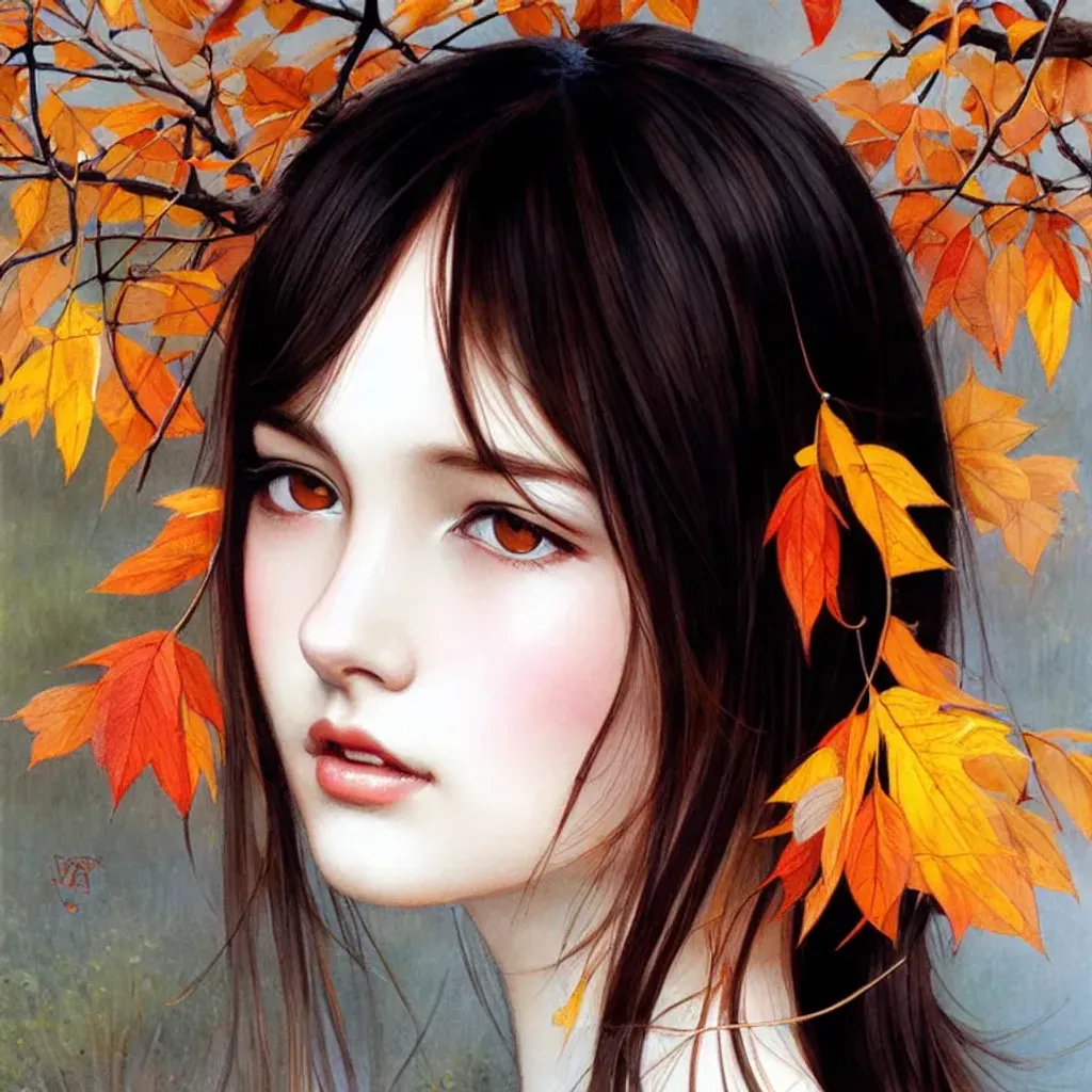 Prompt: Schoolgirl, detailed face. Illustration by WLOP and Waterhouse. Fallen leaves, autumn vibes