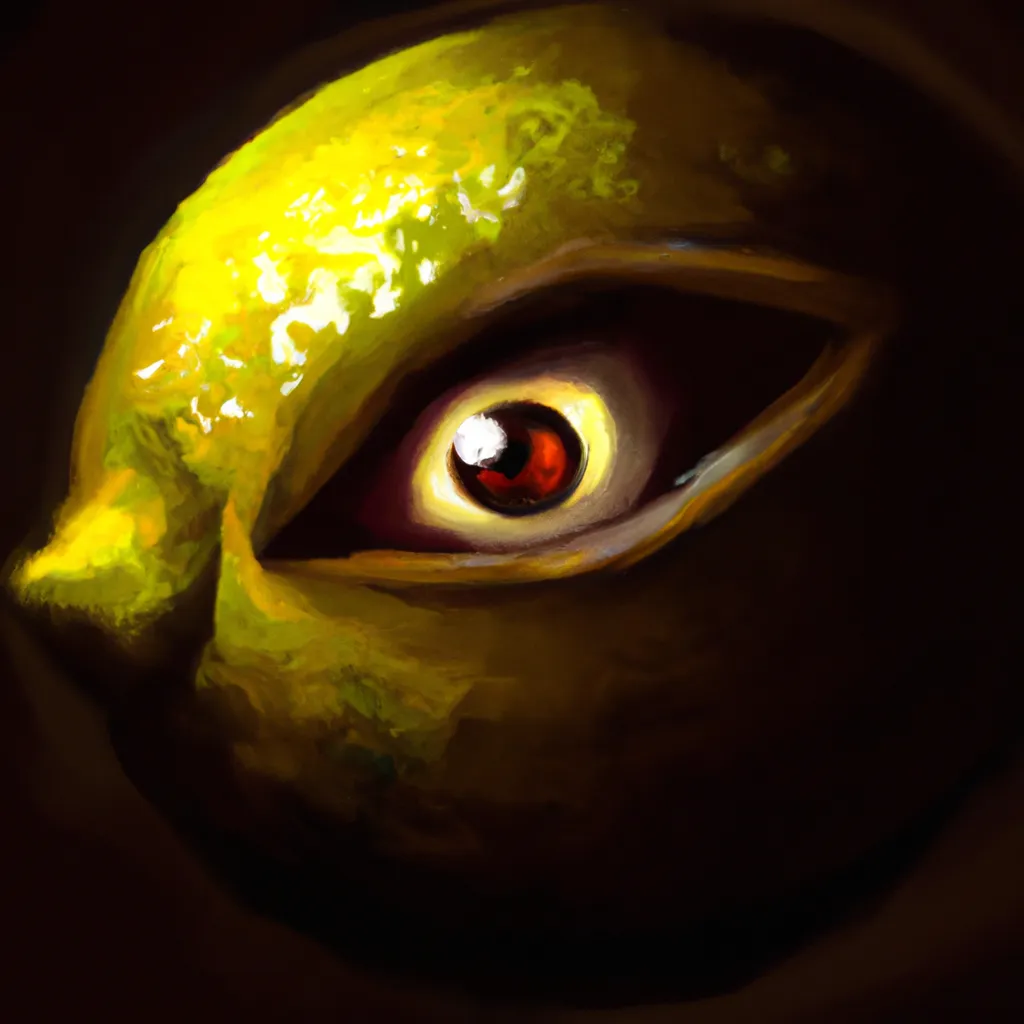 Prompt: a lemon looking at you menacingly, the all seeing eye is a lemon, illuminati, dark eye, evil, digital art, dramatic lighting, trending on artstation