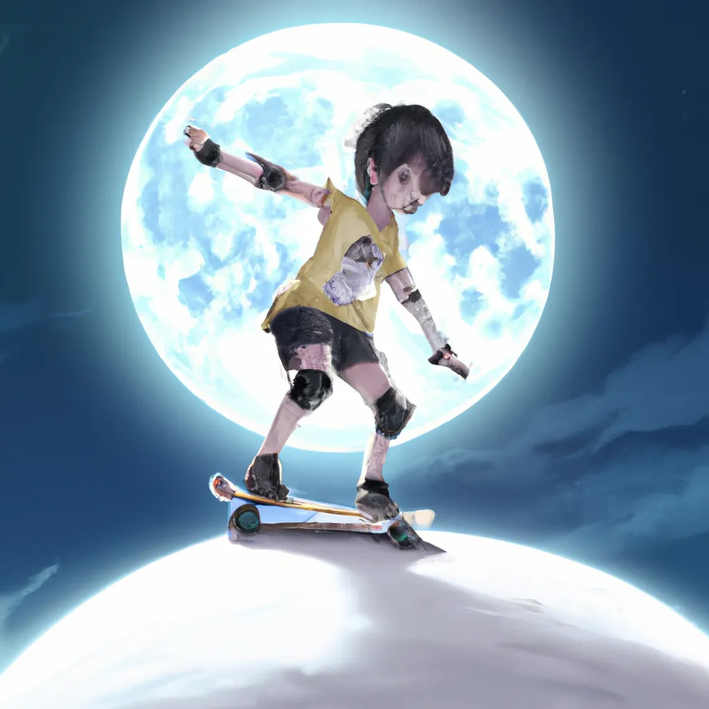 Prompt: anime visual of a little boy riding a skateboard on the moon, shot by akiyoshi hongo, official media