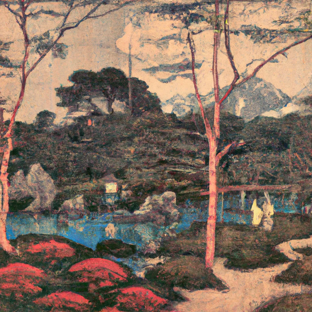 Prompt: Garden,Tokyo, 1880, by Katsushika Hokusai