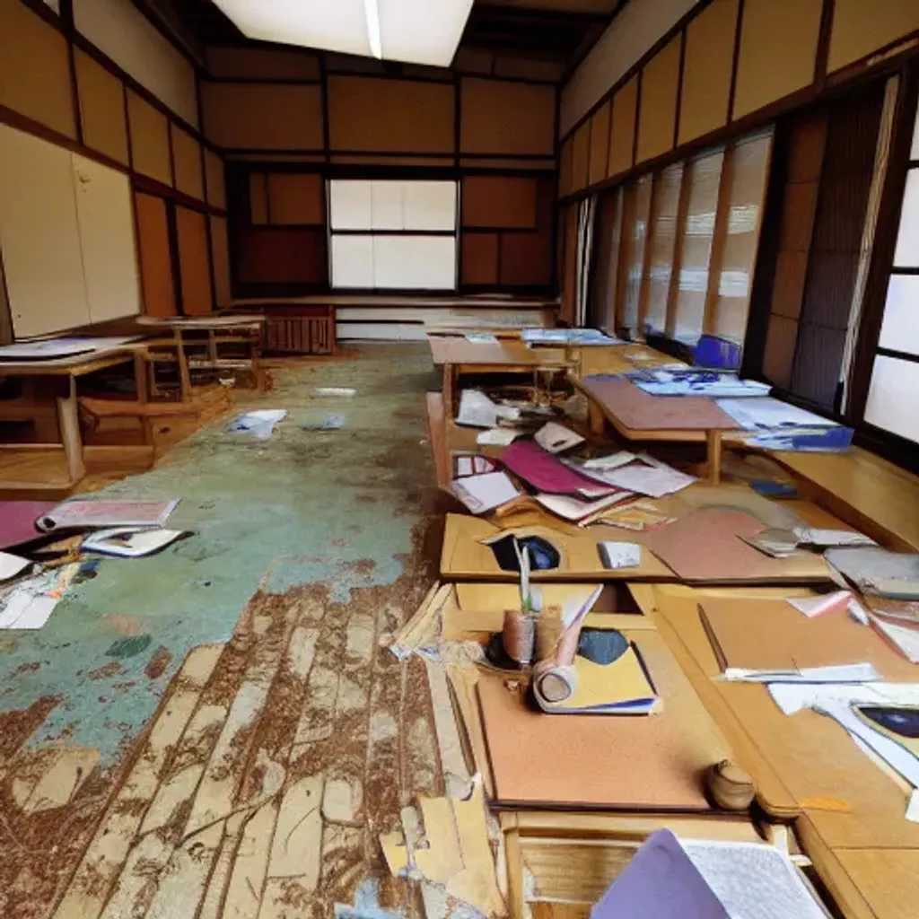 Prompt: abandoned japanese school room, broken desks, writing on chalkboard, gritty feeling, garbage on floor, liminal space