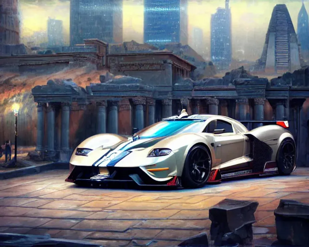 Prompt: Photorealistic futuristic surrealism, hypermaximalist Shelby inspired Hypercar, Ancient Egypt in 3000 AD background, trending on artstation, sharp focus, studio photo, polished chrome, intricate details, lightning influence, masterpiece, highly detailed, by Tom Blackwell, Thomas Kinkade, Giger, Anna Dittmann