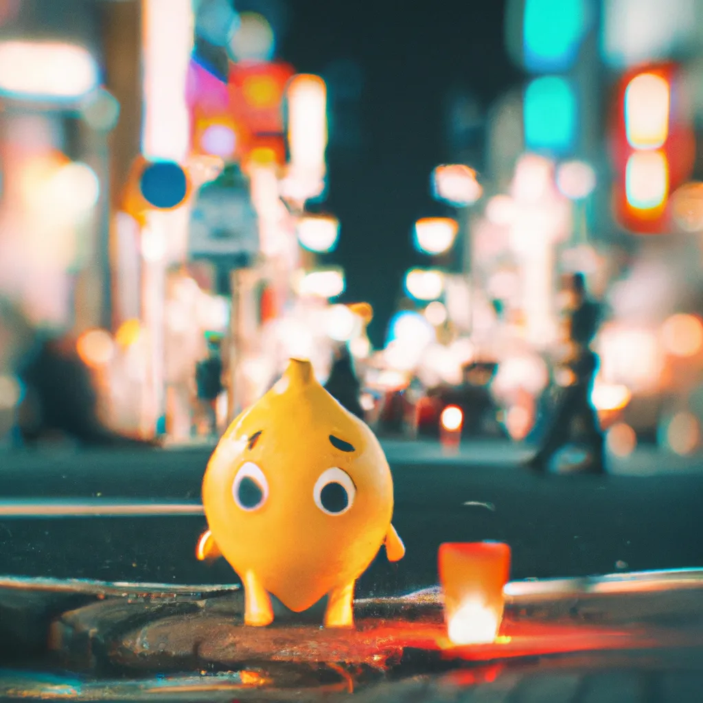 Prompt: a cute lemon character glowing on the streets of tokyo at night, lens blur, 35mm, film still, indie movie, digital art, trending on artstation HQ