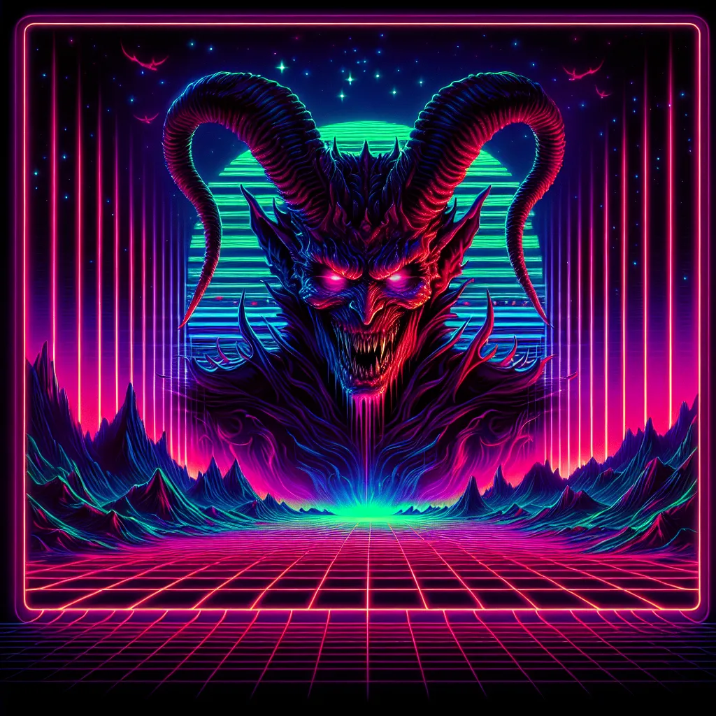 Prompt: Beautiful demonic figure in a gothic vaporwave setting, neon lights casting a dramatic glow, retro aesthetic, high definition, dramatic lighting, demonic, high quality, liminal, vivid colors, detailed features, atmospheric, haunting vibe, surreal, retro-futuristic, intense gaze, otherworldly, dark and unsettling, eerie