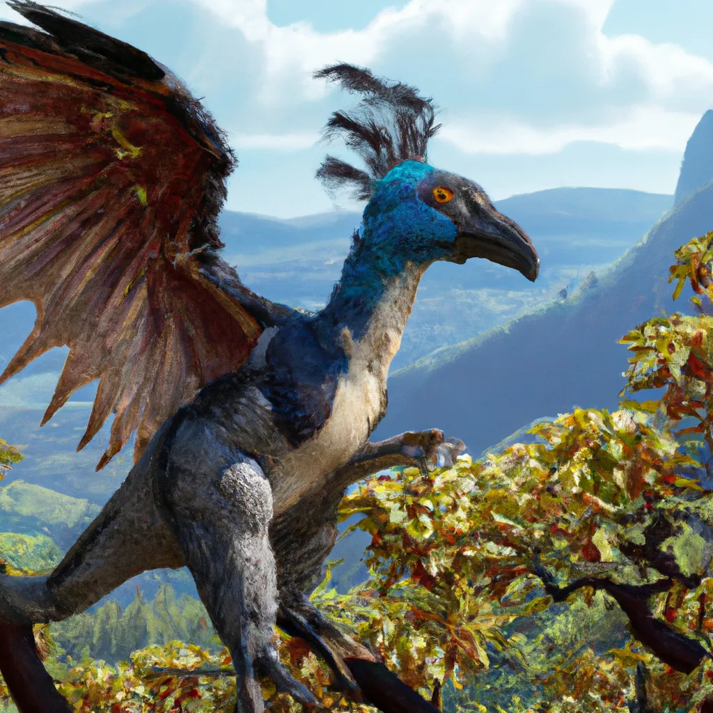 Prompt: The giant Archaeopteryx Corvid Steller's Jay chimera from the pre-historic era, in its habitat.  speculative evolution. Highly realistic accurate anatomical CGI representation, transitional features with birds, amazing colors and patterns on its feathers, hyperrealistic, ZBrush sculpt