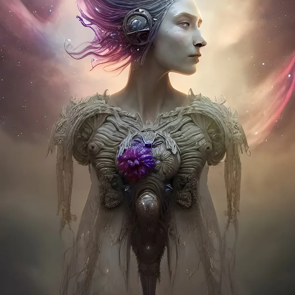 Prompt: beautiful detailed cgi matte painting female space empress of the galactic empire, by ellen jewett, alessio albi | symmetrical features, ominous, alluring, vivacious, realism, intricate, ornate, royally decorated, organic, growth, whirling nebulas, glowing particles, colorful adornments, colorful torn fabric, radiant colors