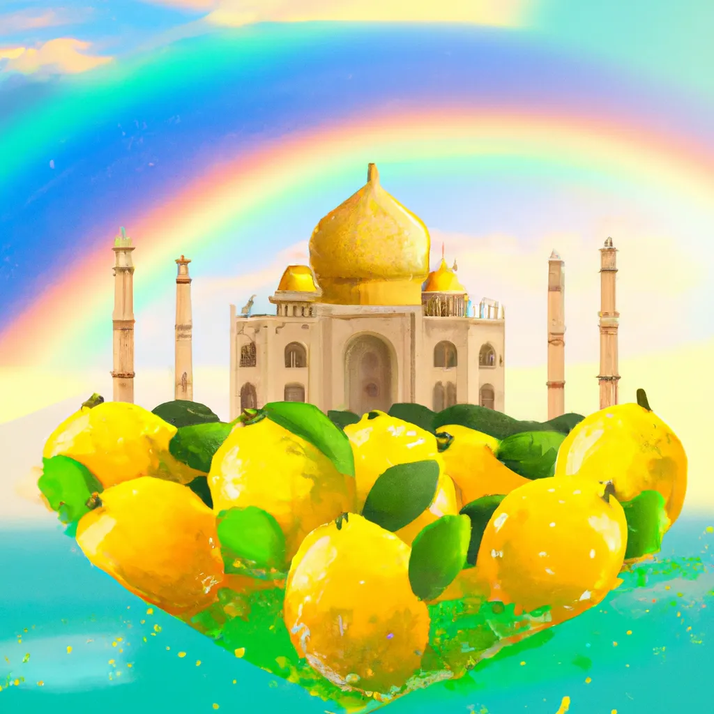 Prompt: Lemon Taj Mahal, sun, clouds, rainbow, lemons, high quality, perfect lighting, realistic digital art, trending