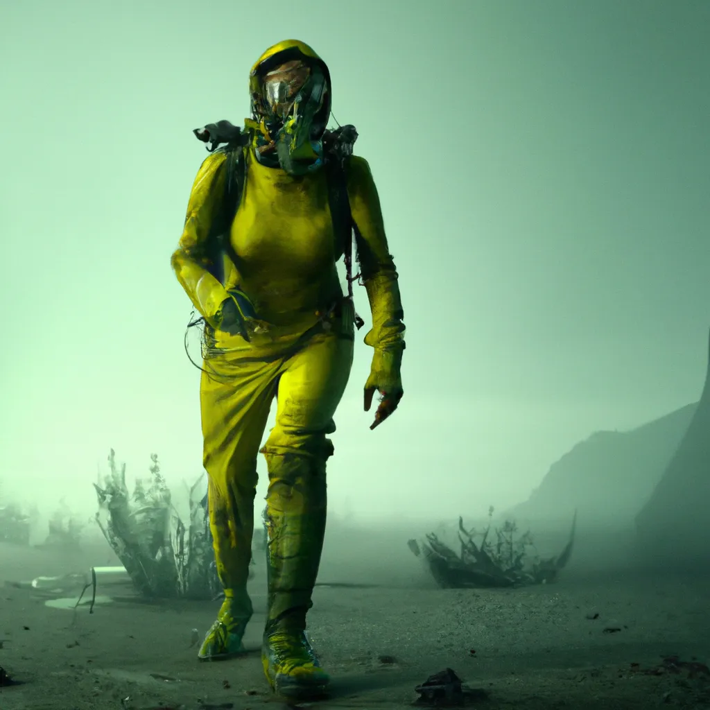 Prompt: Photography,wide angle lens,Cinematic movie still from below of a woman,with an athletic feminine body,wearing a gasmask and a yellow hazmat suit,facing towards the camera with swagger,walking the ethereal plane of a Dystopian Wasteland filled with lime green ooze,eerie,foggy,scary,nuclear fallout,4K,digital art,octane render,award winning,photography, photorealistic 