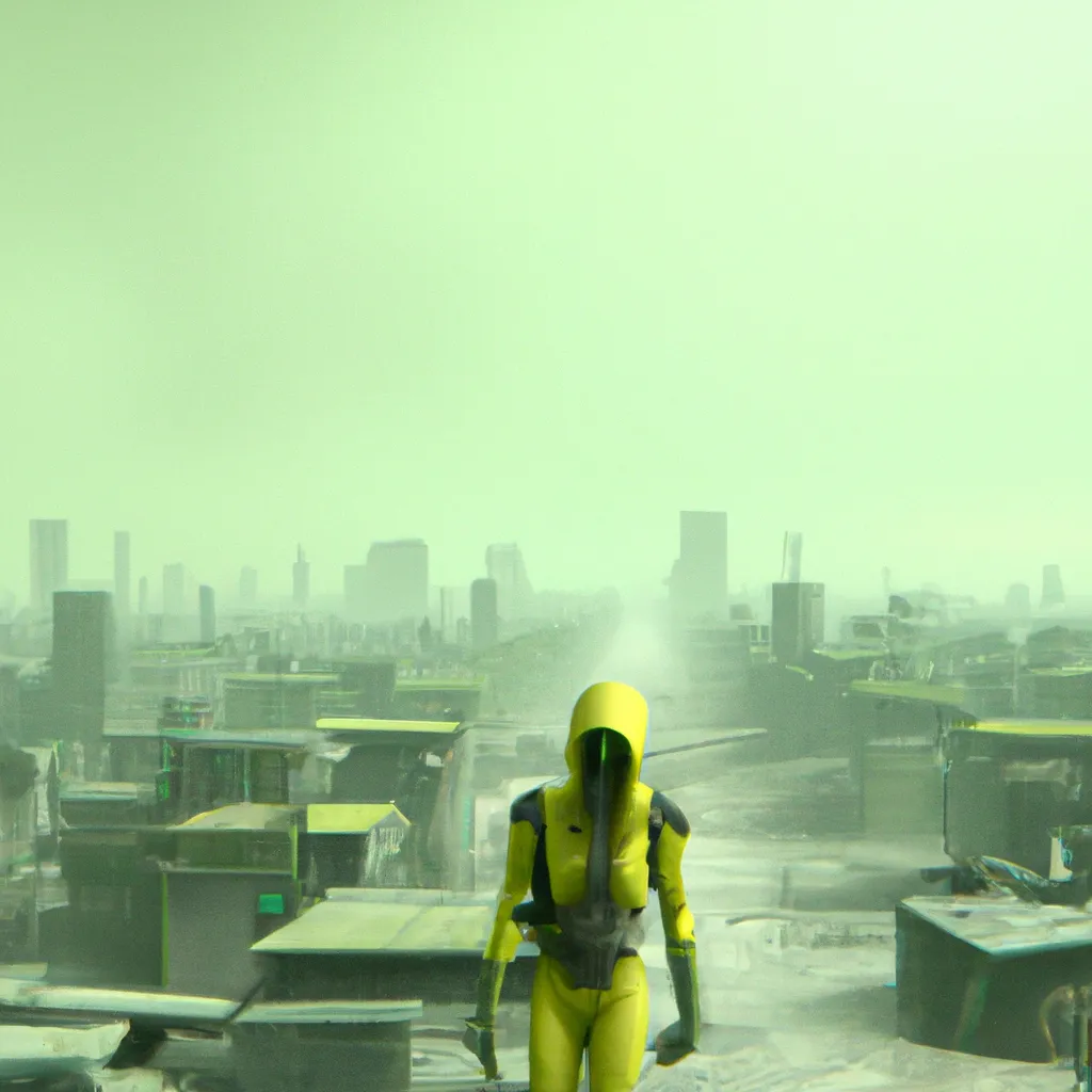 Prompt: Cinematic movie still of a man wearing a gasmask and a yellow leather hazmat suit walking the ethereal plane of a Dystopian Wasteland with the town infront of him sinking in a crater filled with lime green ooze, erie, foggy, scary, nuclear fallout,4K, octane render,award winning,