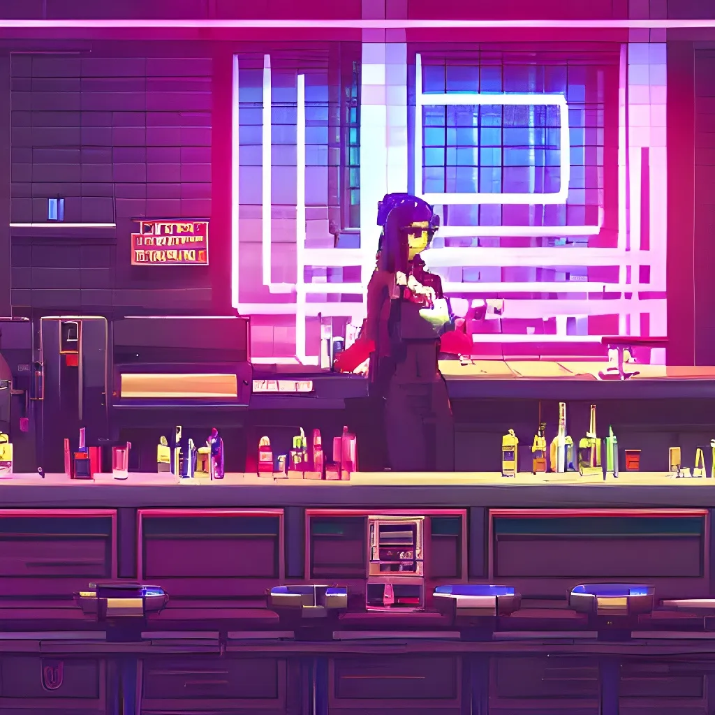 Prompt: va11 hall-a cyberpunk bartender, beautiful pixel art by albertov, alphonse mucha, LucasArts, 8-bit, SNES, intricate details, dithered, volumetric lighting, sharp focus, trending on artstation polycount contest winner