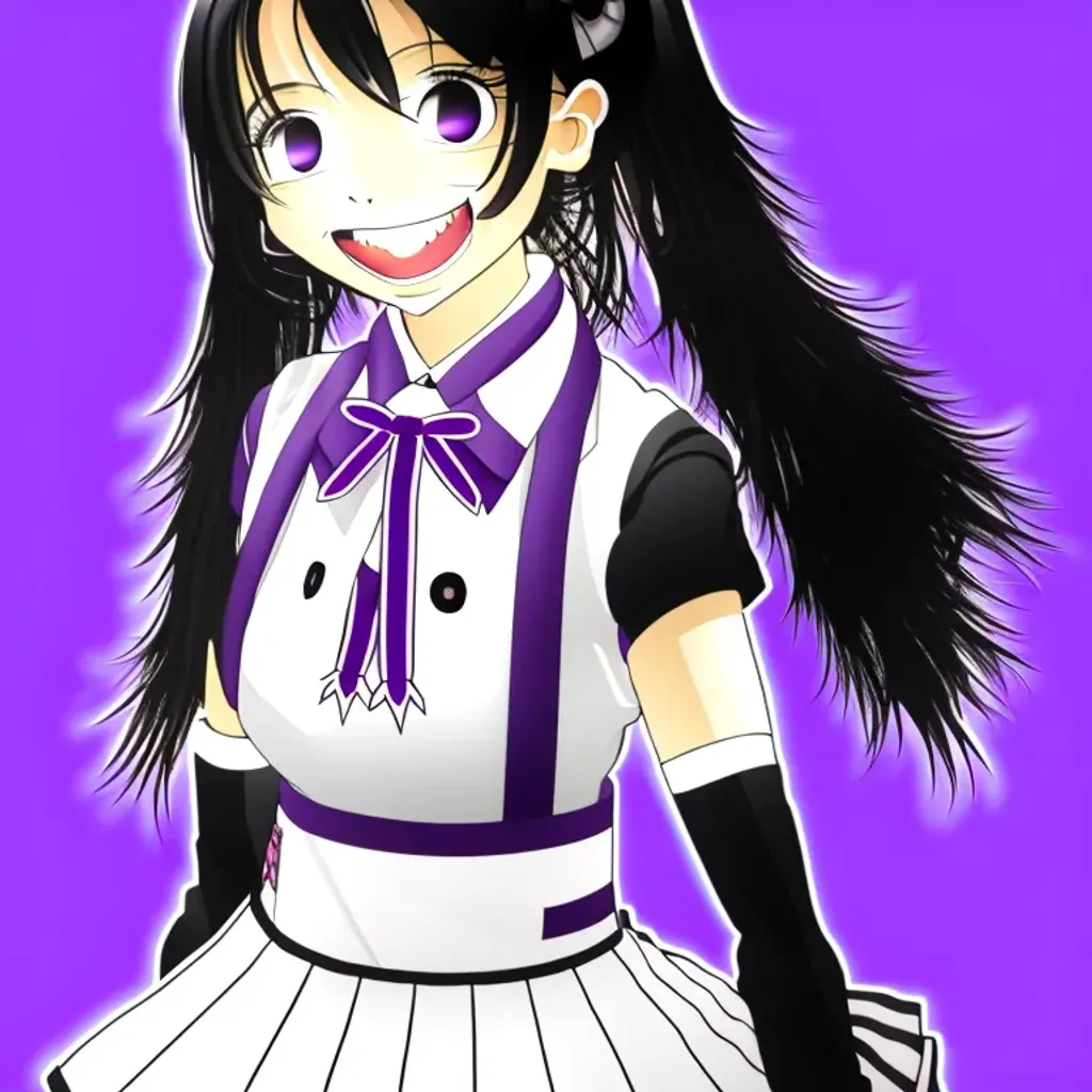 Prompt: Tohka Yatogami smiling, wearing a black and purple school girl uniform with a white skirt.